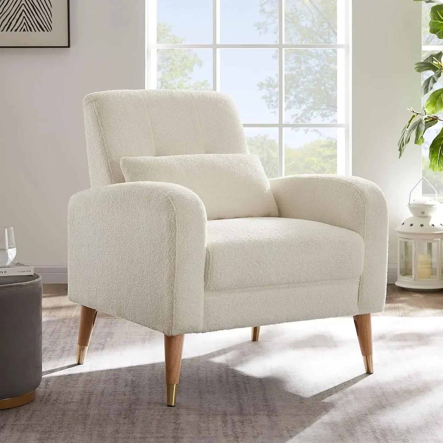 Living room chair mid-century modern, upholstered armchair with metal legs, polyester fabric, white