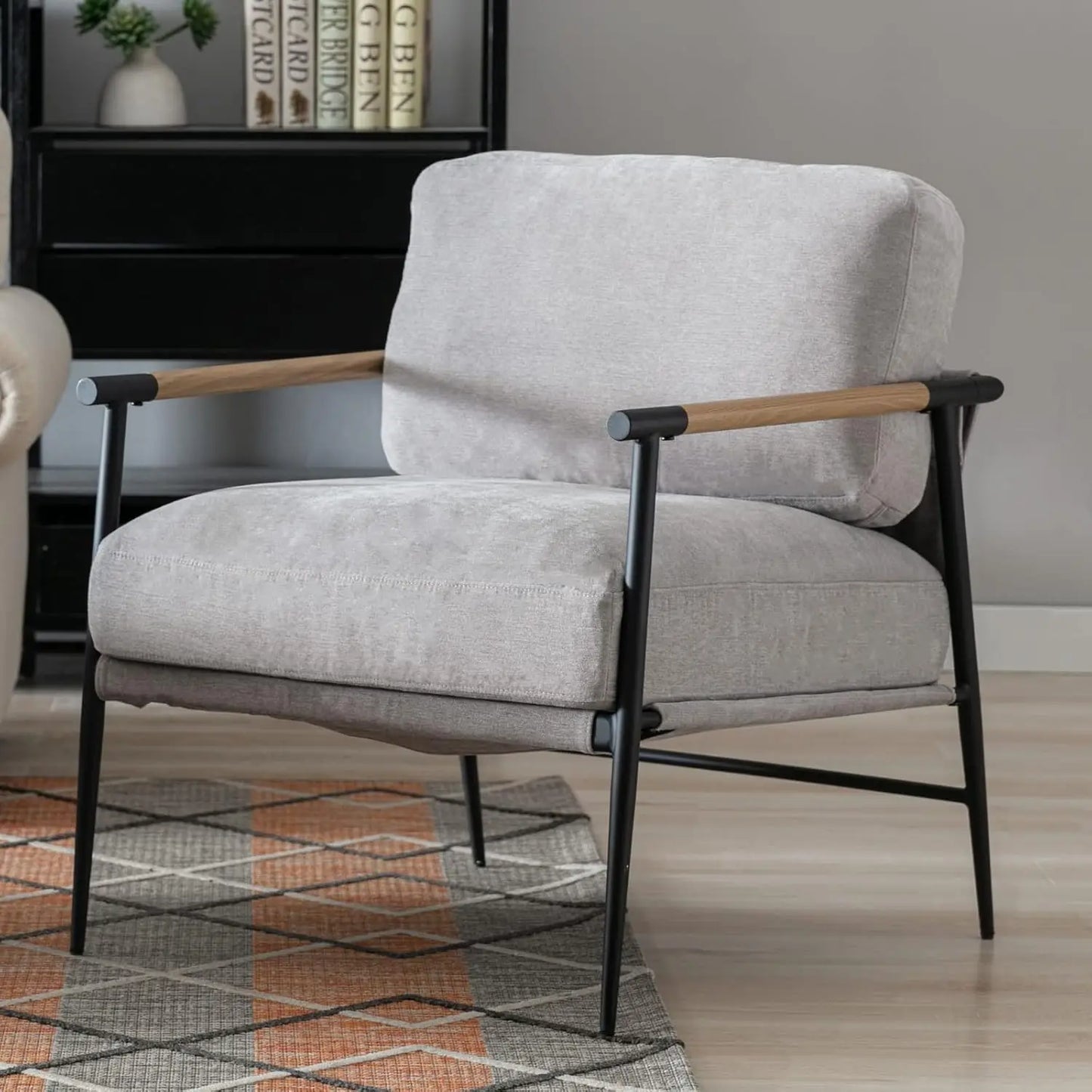 Mid-Century Accent Chair Set of 2, Soft Armchair Chenille Fabric Lounge Chair with Black Metal Legs, Upholstered Leisure Chair