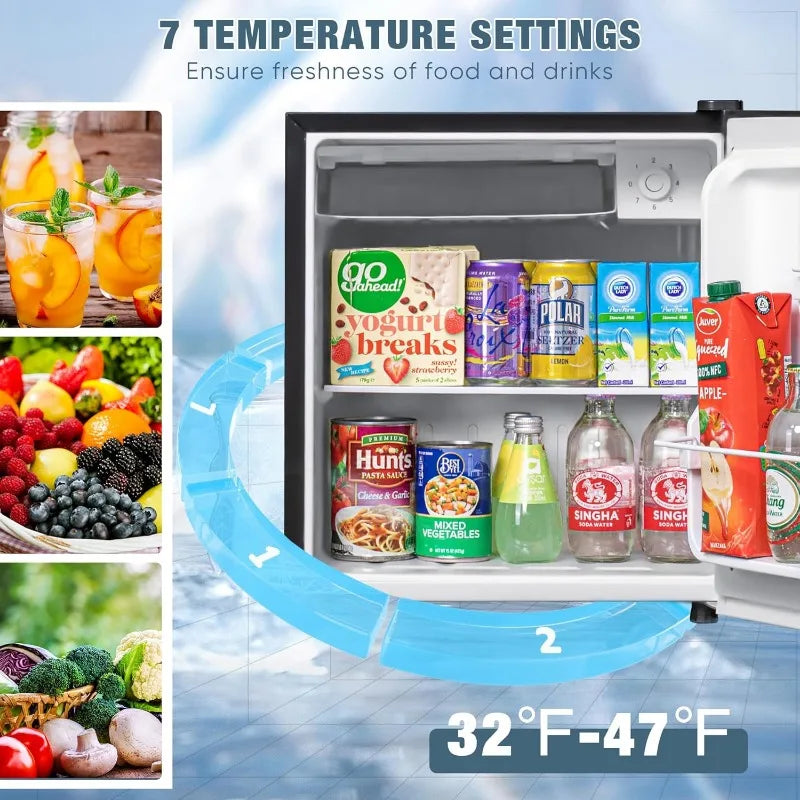 1.7 Cu.Ft Mini Fridge with Freezer, Low Noise Compact Refrigerator, Adjustable Thermostat, Energy Saving, for Bedroom, Office