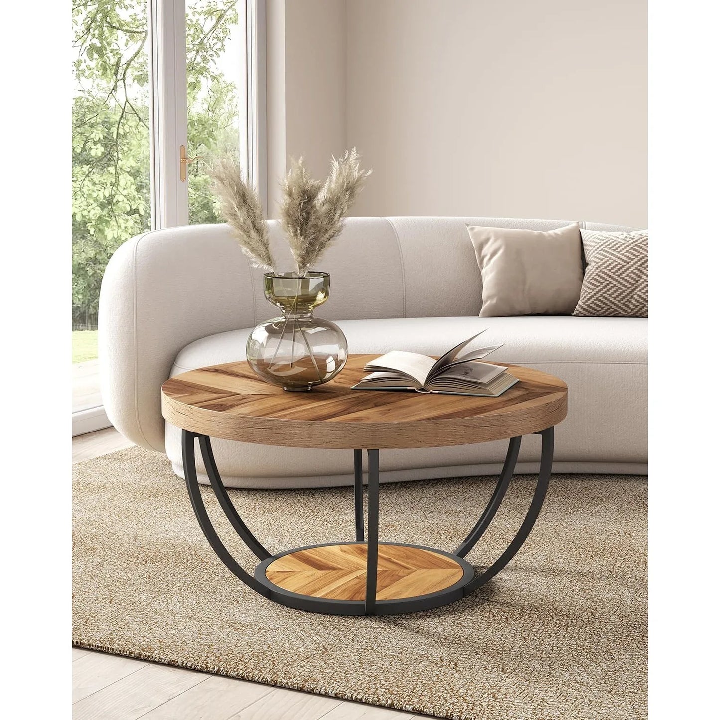 32" Circle Marble Coffee Tables, 2-Tier Golden Metal Legs Accent Center Table with Open Storage Modern Design Home Furniture