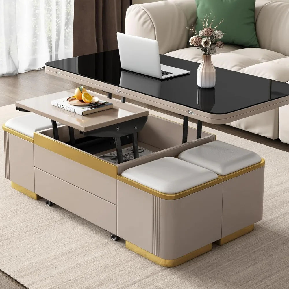 Lift Top Coffee Table with 4 Storage Stools, Lift Tabletop Sofa Table,Multi-Functional Working Table,Low Floor Table