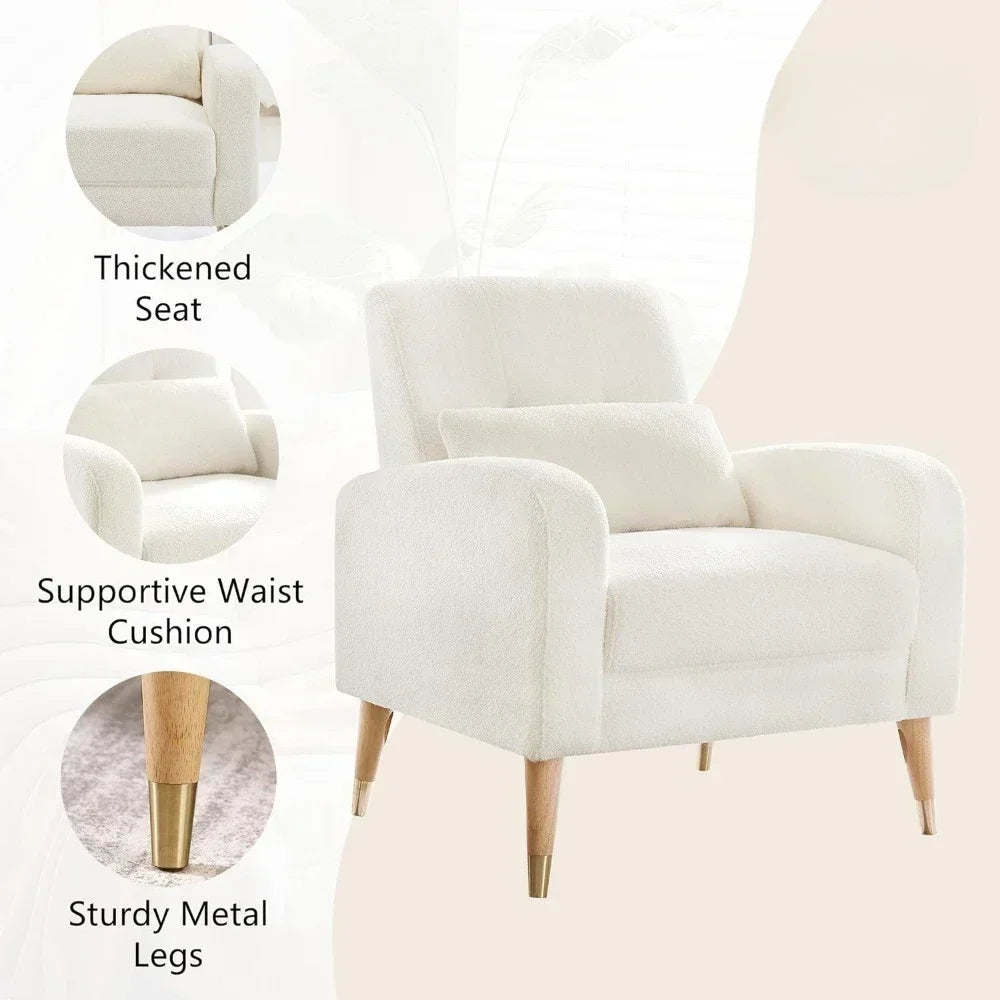 Living room chair mid-century modern, upholstered armchair with metal legs, polyester fabric, white