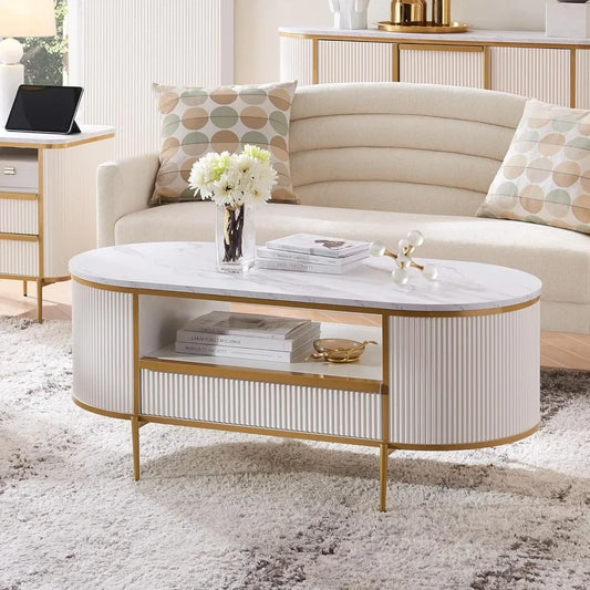 Modern Luxury Fluted Coffee Table, 48" Oval Coffee Table with Drawer, Faux Marble Top, Curved Profile Design