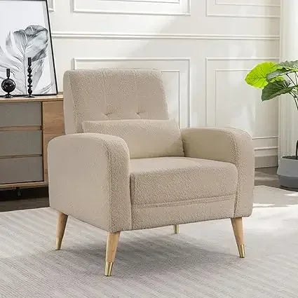 Living room chair mid-century modern, upholstered armchair with metal legs, polyester fabric, white