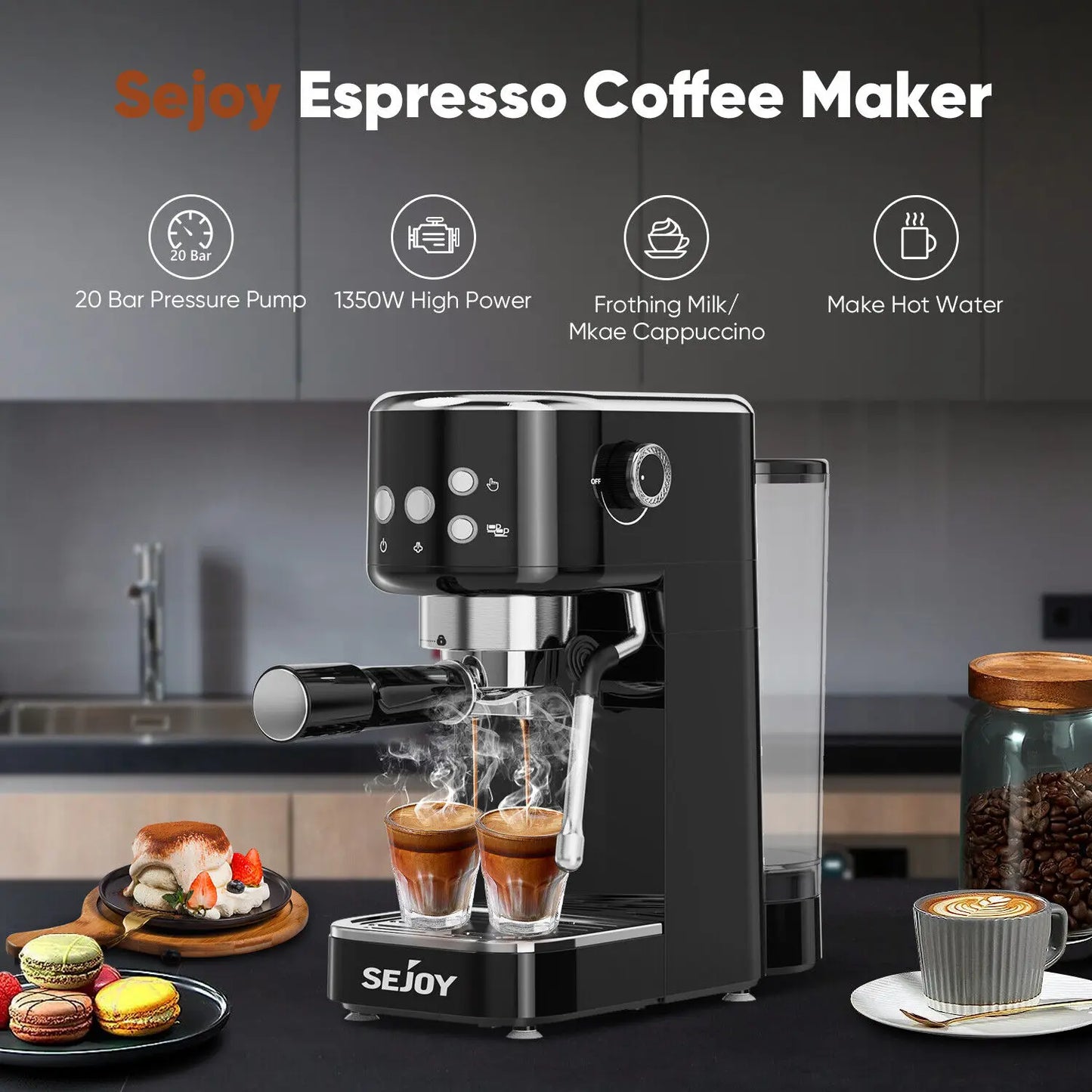 Sejoy Home Espresso Machine 20Bar Coffee Machine Latte Coffee Maker Cappuccino Machine