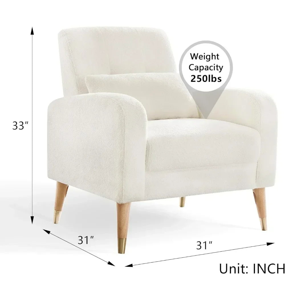 Living room chair mid-century modern, upholstered armchair with metal legs, polyester fabric, white