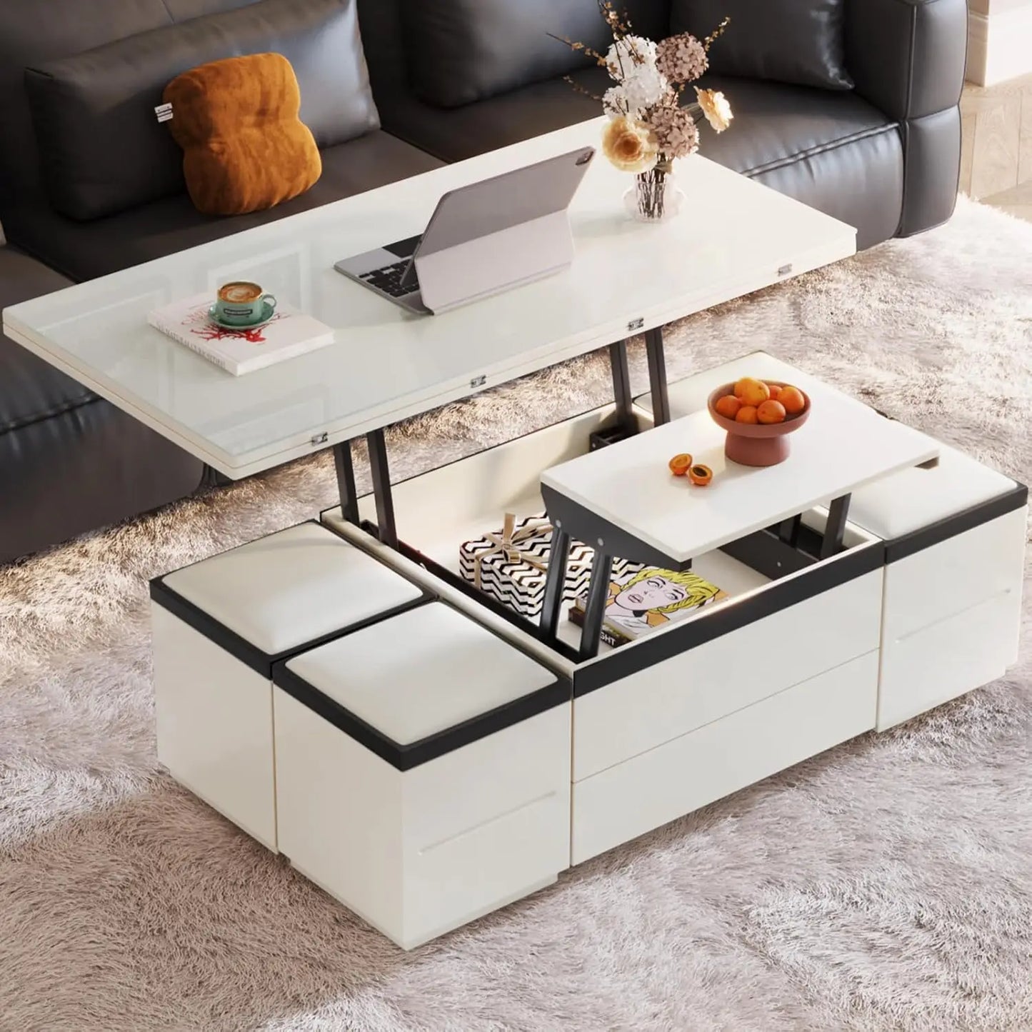 Lift Top Coffee Table with 4 Storage Stools, Lift Tabletop Sofa Table,Multi-Functional Working Table,Low Floor Table