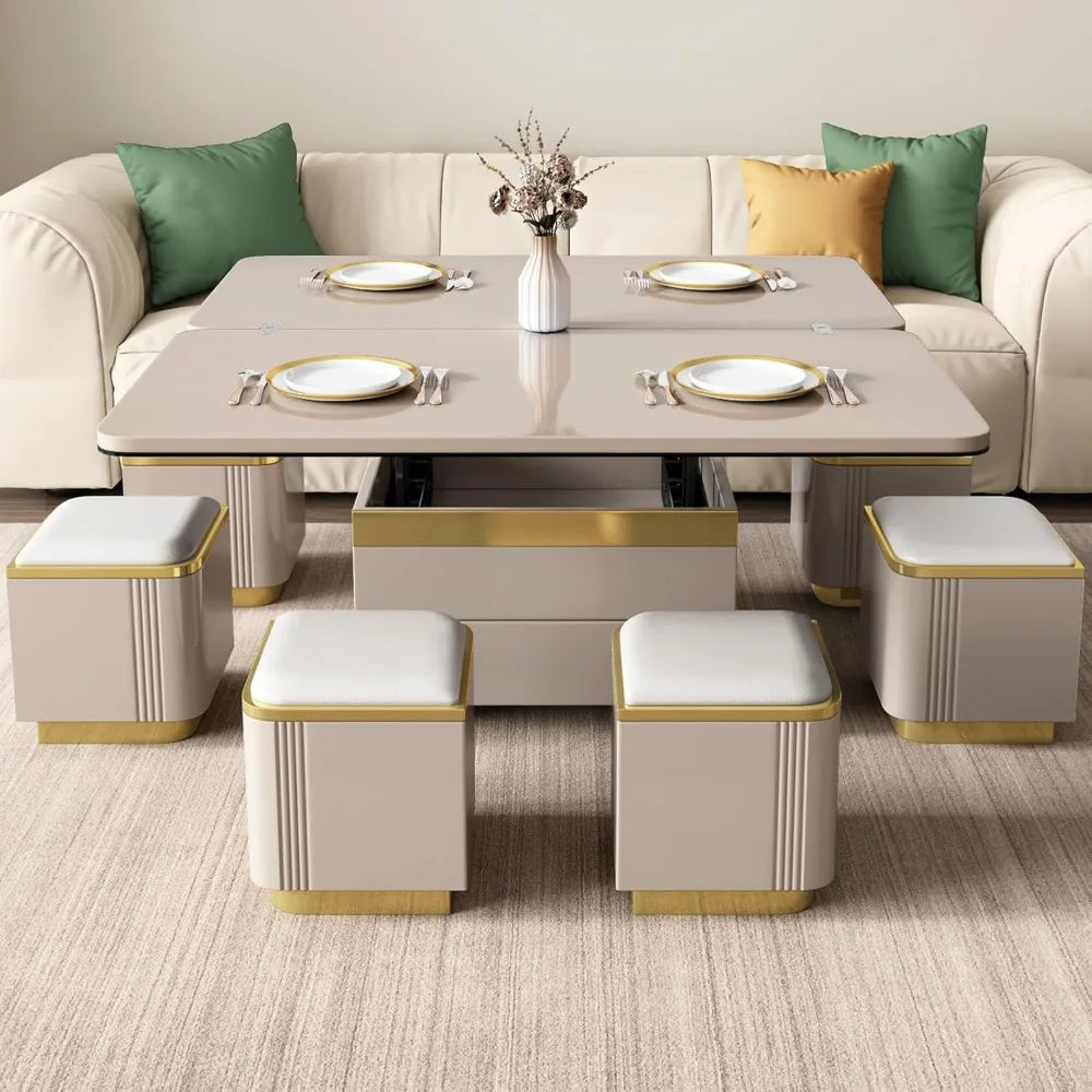 Lift Top Coffee Table with 4 Storage Stools, Lift Tabletop Sofa Table,Multi-Functional Working Table,Low Floor Table