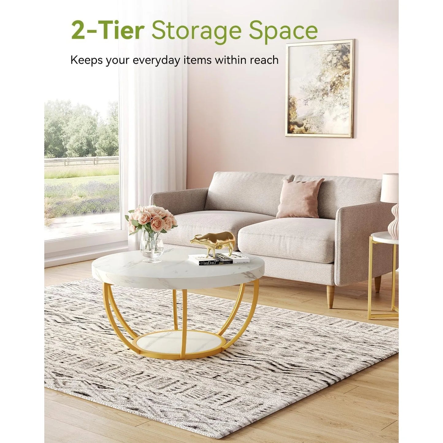 32" Circle Marble Coffee Tables, 2-Tier Golden Metal Legs Accent Center Table with Open Storage Modern Design Home Furniture