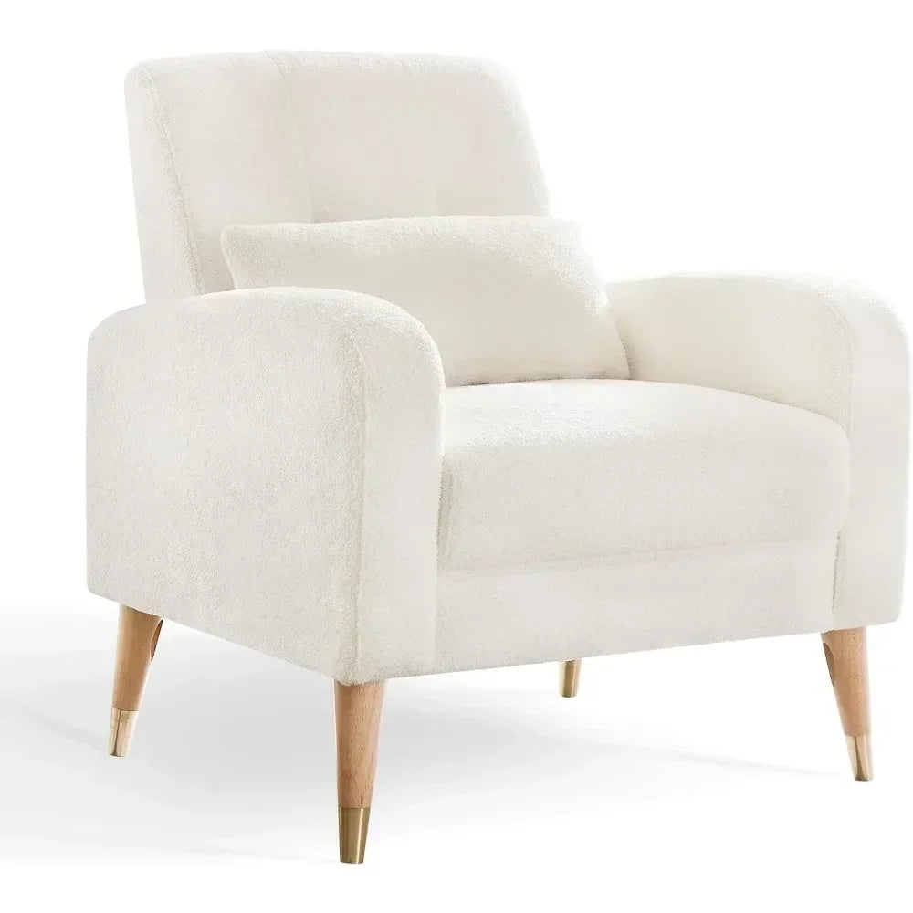 Living room chair mid-century modern, upholstered armchair with metal legs, polyester fabric, white