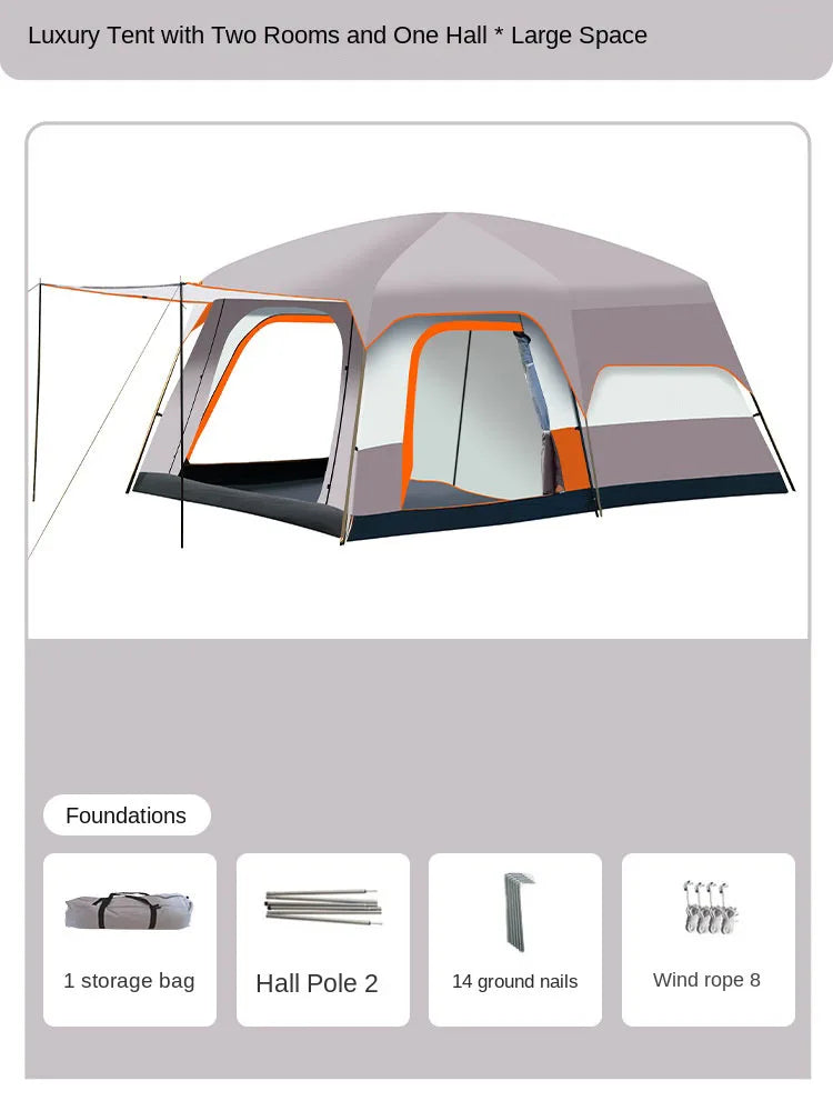 Outdoor Thick Rainproof Camping Tent, Travel 4-12P Double Layer Field, Luxury Large Camping Tent, 2 Bedrooms and 1 Hall