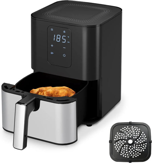 Air Fryer Oven 4.5QT, Space Saving, 1 Touch Digital Display, Compact, Non-stick And Dishwasher Safe Basket, Black & Stainless St