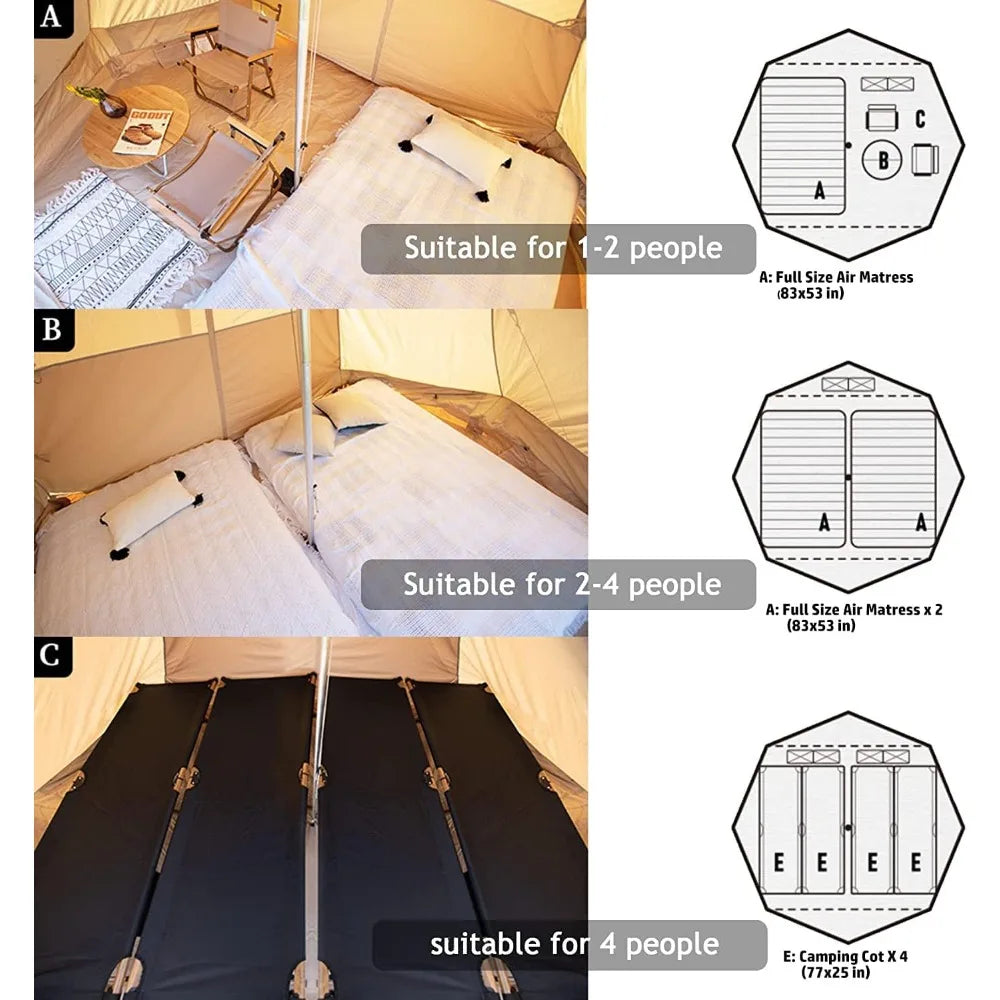 Outdoor Camping Tent Oxford Bell Tent Safari Tents Yurt Tent for Family with Cool Ventilation Mosquito Net Doors & Windows