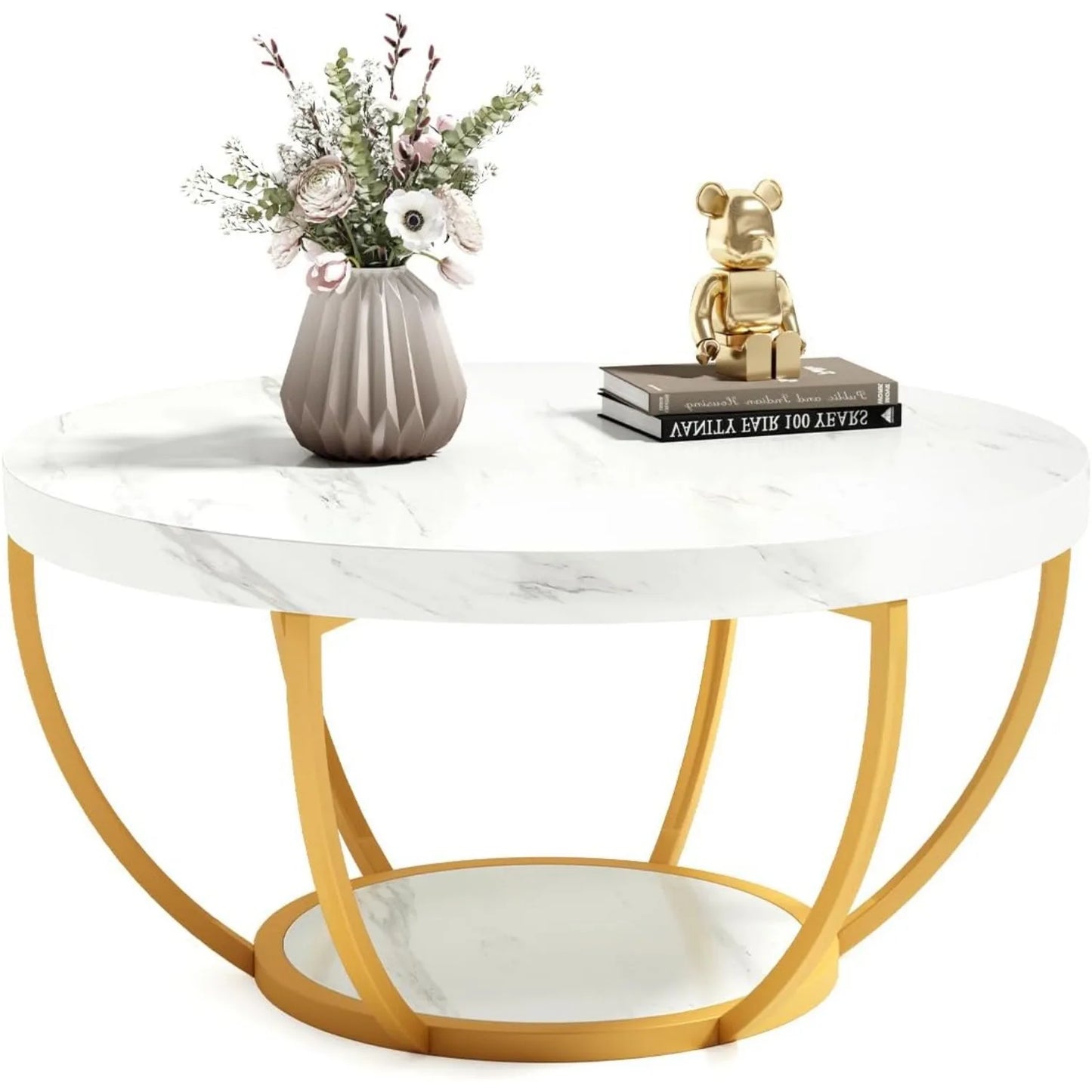 32" Circle Marble Coffee Tables, 2-Tier Golden Metal Legs Accent Center Table with Open Storage Modern Design Home Furniture