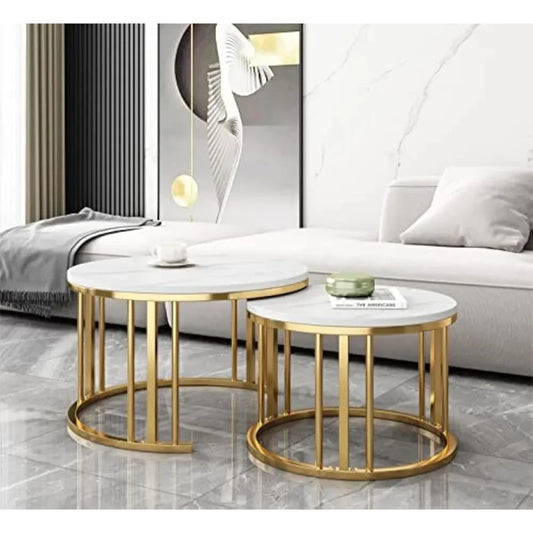 Round Nesting Coffee Table Set of 2 Modern Cocktail Table with Metal Frame for Living Room Small Spaces