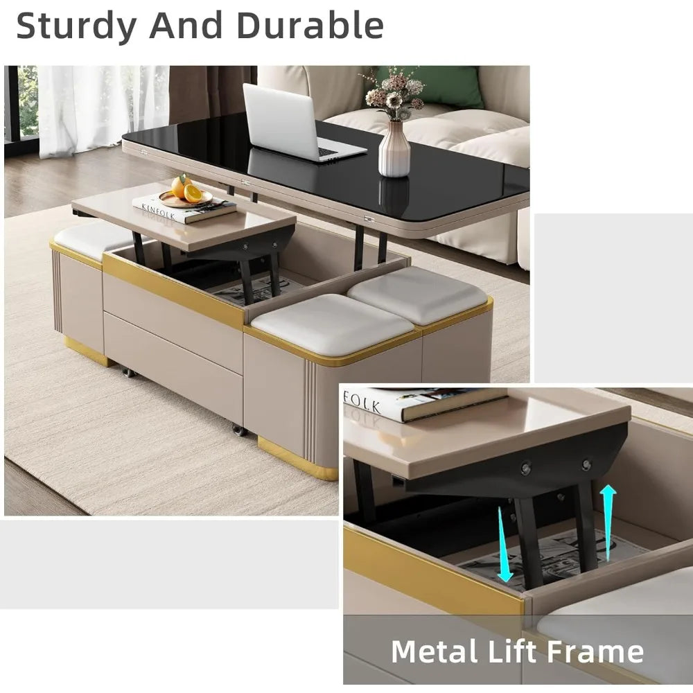 Lift Top Coffee Table with 4 Storage Stools, Lift Tabletop Sofa Table,Multi-Functional Working Table,Low Floor Table