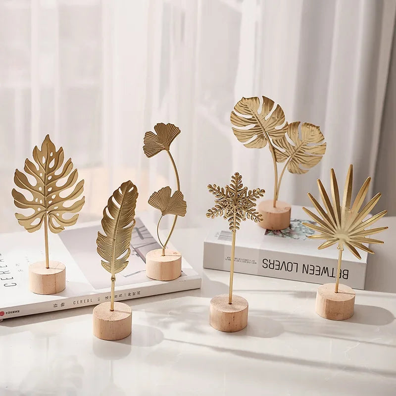 Golden Ginkgo Leaf Feather Metal Model Figurines Manual Desktop Crafts Ornaments Photo Props Statues Sculptures Home Decor