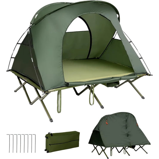 2-Person Tent Cot, 4-in-1 Folding Tents, Self-Inflating Mattress & Roller Carrying Bag, Portable Off Ground Elevated Tent