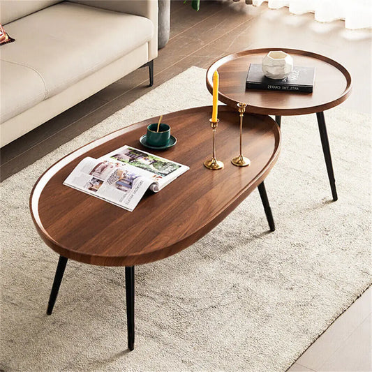 LUVODI Irregular Living Room Coffee Table Set Small Drop-shaped Solid Wooden Sofa Side End Table 2-in1 with Triangle Legs