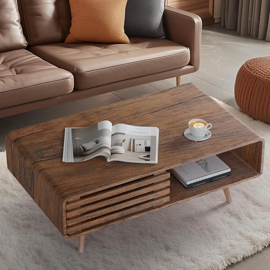 Coffee Table with Storage, Mid Century Modern Coffee Table for Living Room,Rectangle Coffee Table, Wooden Center Table Walnut