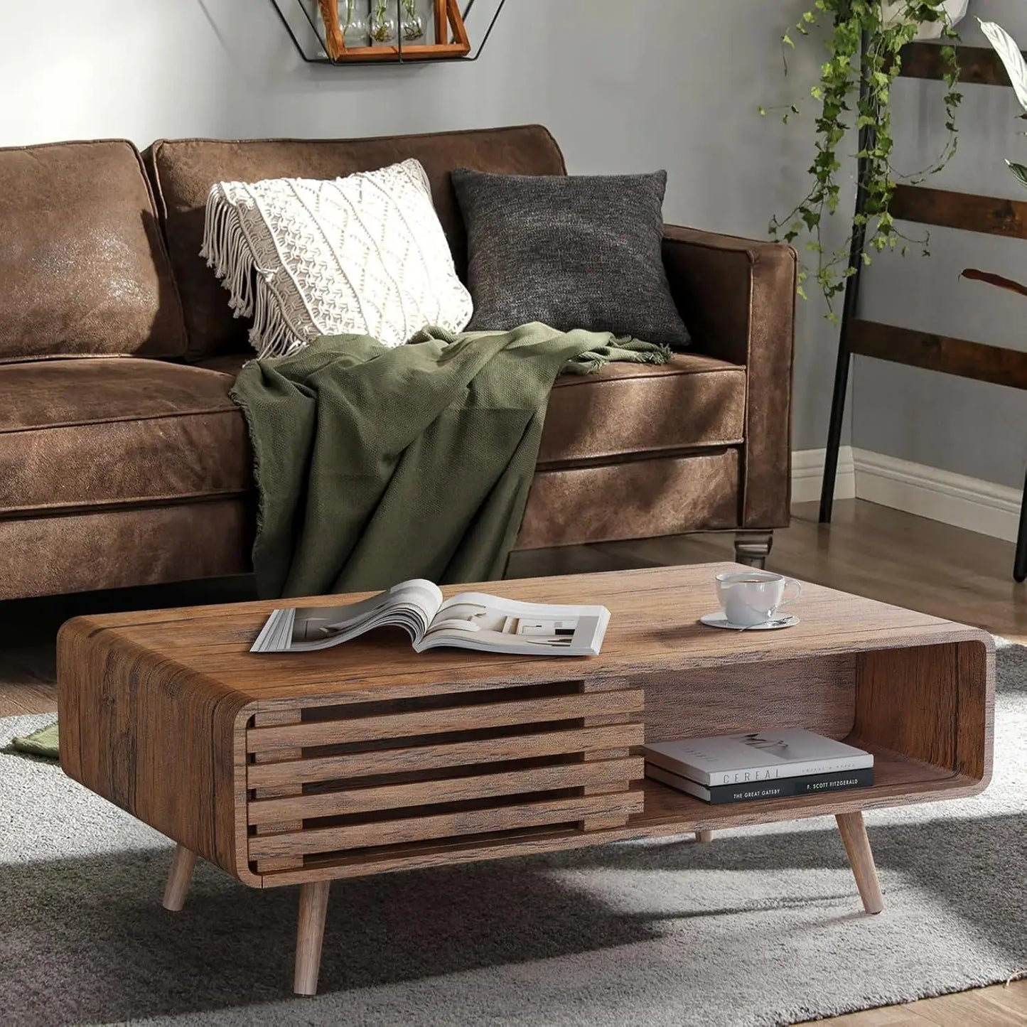 Coffee Table with Storage, Mid Century Modern Coffee Table for Living Room,Rectangle Coffee Table, Wooden Center Table Walnut