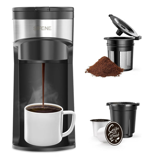 SIFENE Mini Coffee Maker Single Serve, One Cup for K Pod & Ground Coffee, Capsule Coffee Machine with Water Window, Black