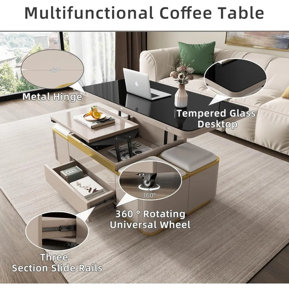 Lift Top Coffee Table with 4 Storage Stools, Lift Tabletop Sofa Table,Multi-Functional Working Table,Low Floor Table