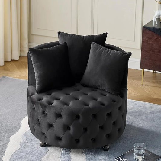 Swivel Barrel Accent Chair, 30” Modern Velvet Round Swivel Chair with 3 Pillows and Wheels, Comfy Tufted Single Club Sofa