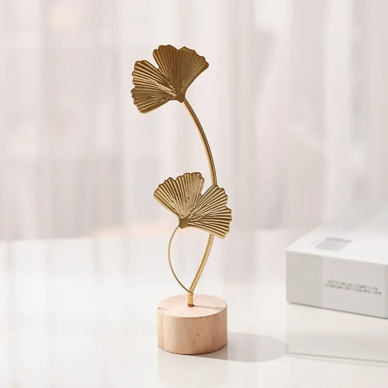 Golden Ginkgo Leaf Feather Metal Model Figurines Manual Desktop Crafts Ornaments Photo Props Statues Sculptures Home Decor