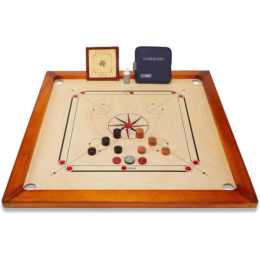 33 x 33” Official Size Playing Board Including Carrom Men, Striker & Powder - Hardwood Edges for Better Rebound