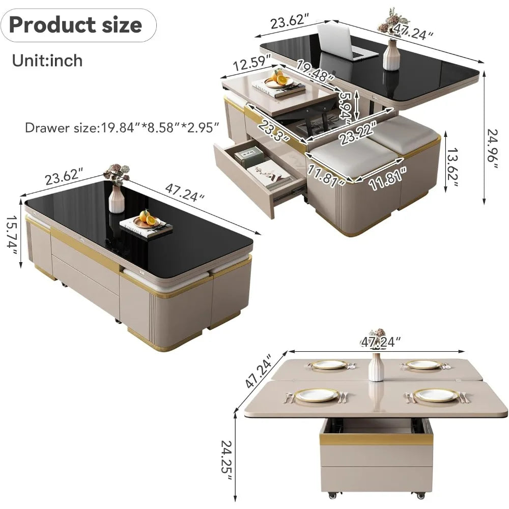 Lift Top Coffee Table with 4 Storage Stools, Lift Tabletop Sofa Table,Multi-Functional Working Table,Low Floor Table