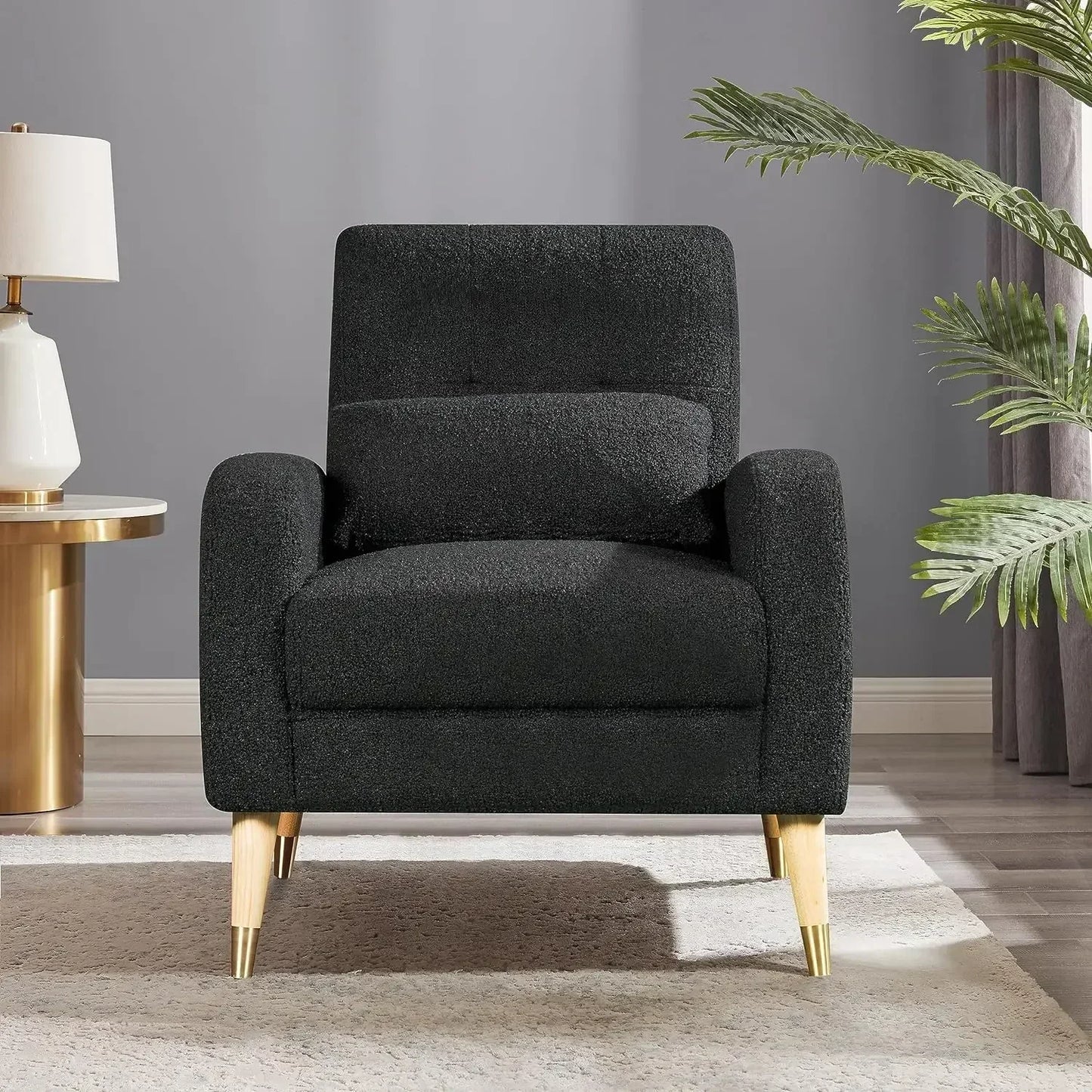 Living room chair mid-century modern, upholstered armchair with metal legs, polyester fabric, white