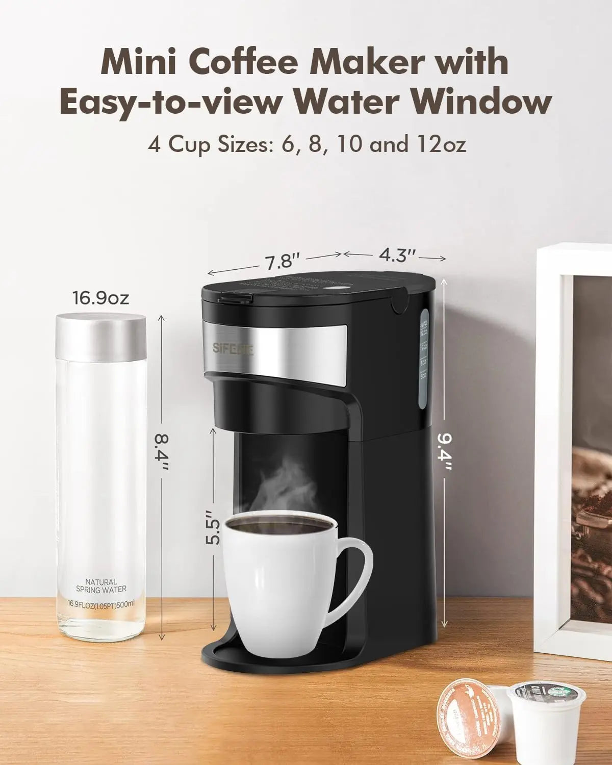 SIFENE Mini Coffee Maker Single Serve, One Cup for K Pod & Ground Coffee, Capsule Coffee Machine with Water Window, Black