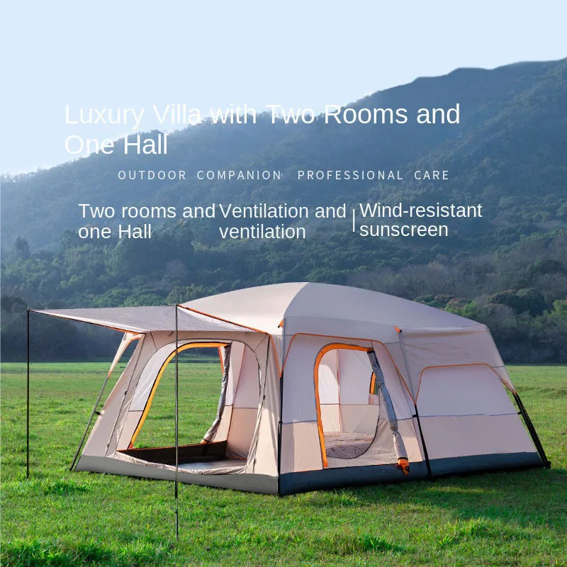 Outdoor Thick Rainproof Camping Tent, Travel 4-12P Double Layer Field, Luxury Large Camping Tent, 2 Bedrooms and 1 Hall