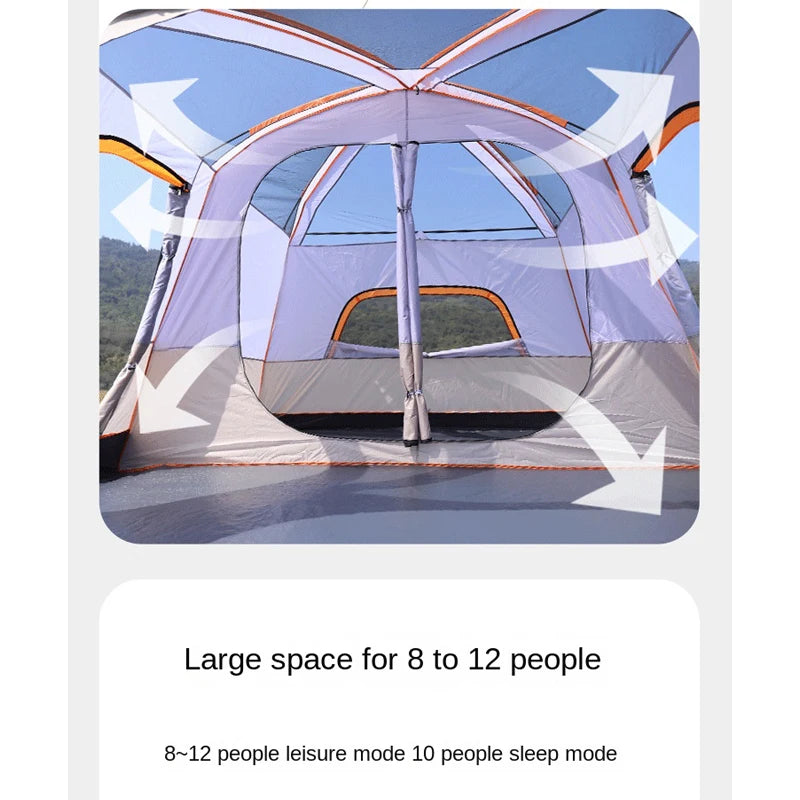 Outdoor Thick Rainproof Camping Tent, Travel 4-12P Double Layer Field, Luxury Large Camping Tent, 2 Bedrooms and 1 Hall