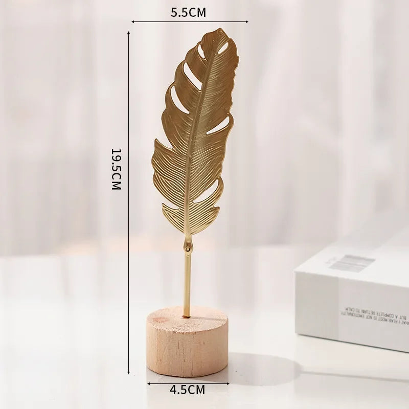 Golden Ginkgo Leaf Feather Metal Model Figurines Manual Desktop Crafts Ornaments Photo Props Statues Sculptures Home Decor